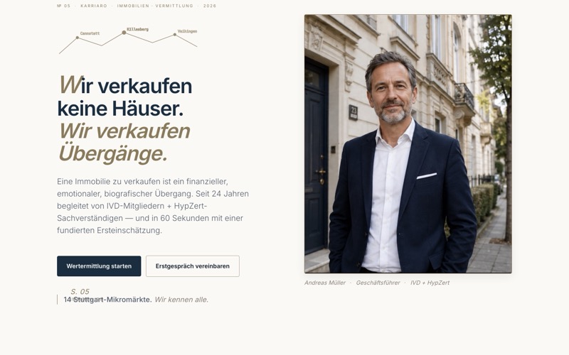 Beispiel-Website für einen Immobilienmakler mit Sofort-Wertermittlung